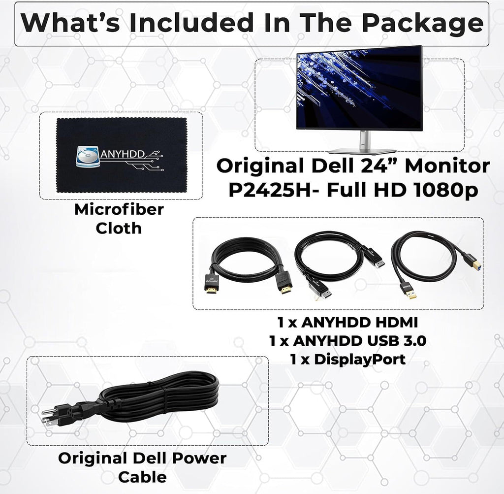 Dell P2425H Computer Monitor Screen 24" 16:9 IPS Display with Stand - 1 Year Warranty  100Hz Full HD  1920 x 1080 with Power Cable  Anyhdd DisplayPort  HDMI  USB 3.0 Upstream Cable & Cloth - New