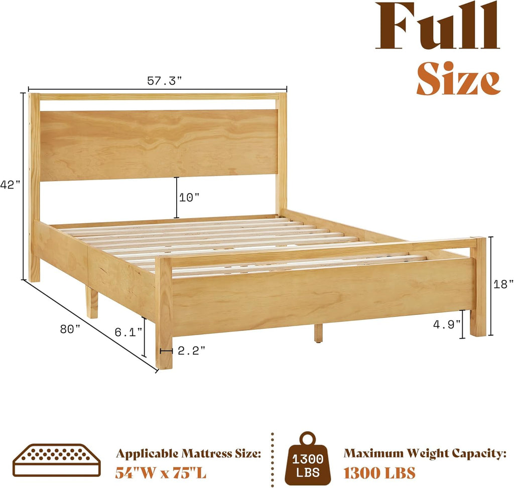 AMERLIFE Full Size Solid Wood Bed Frame with Headboard, Minimalist Platform Bed with Wood Slats Support/No Box Spring Needed/Easy Assembly/Noise-Free, Natural