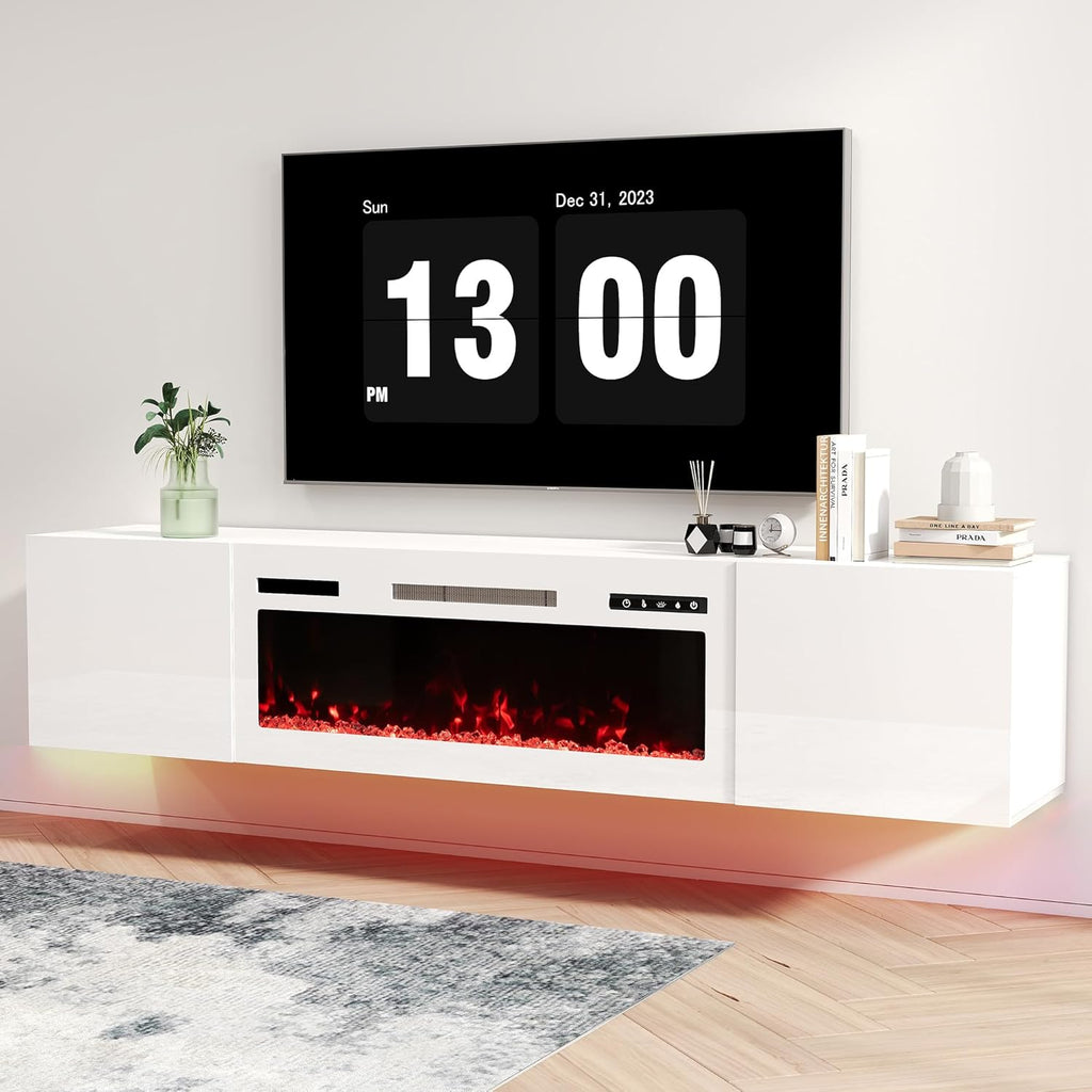 Real Relax 70" Floating TV Stand with 36" Electric Fireplace, Wall Mounted Entertainment Center with Storage, Remote Control, Modern LED Lights Fireplace TV Console for TVs Up to 80", All White