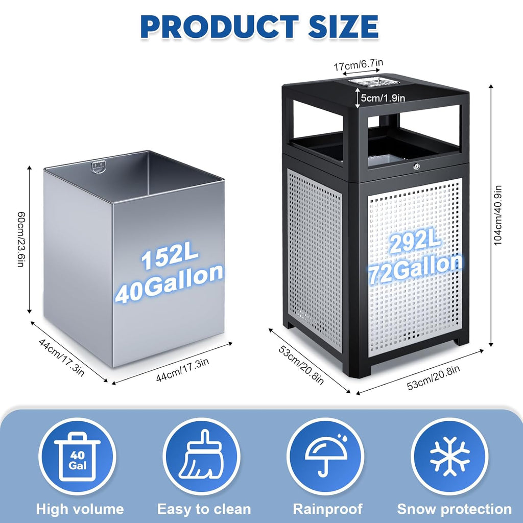 Outdoor Trash Can Commercial 40 Gallon, Heavy Duty Large Metal Slatted Garbage Can with Metal Liner for All Weather Resistant, Garbage Bin Waste Receptacle for Parks, Streets, Public Spaces