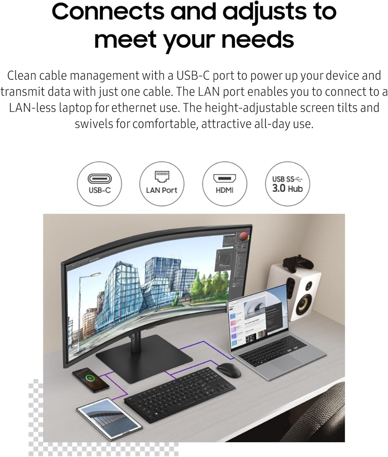 Samsung 34-Inch ViewFinity S65VC Series Ultra-WQHD Curved Computer Monitor  100Hz  AMD FreeSync  HDR10  USB-C  Built-in Speaker  Camera  KVM Switch  Eye Care  Eco-Packaging  LS34C650VANXGO  Black