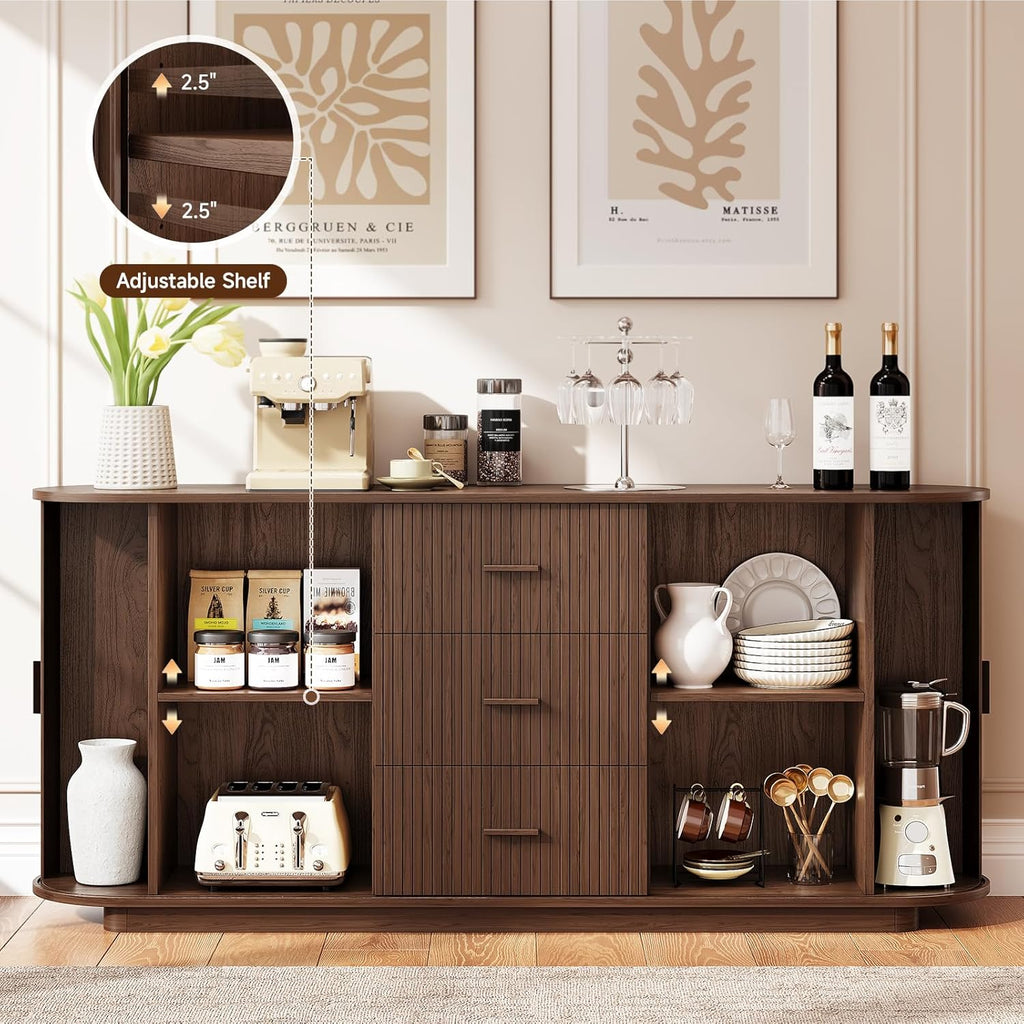 ONBRILL 63" Fluted Sideboard Buffet Cabinet with 3 Drawers & 2 Doors, Mid-Century Modern Buffet Sideboard Cabinet with Storage, Coffee Bar Table with Adjustable Shelf for Kitchen, Living Room, Walnut