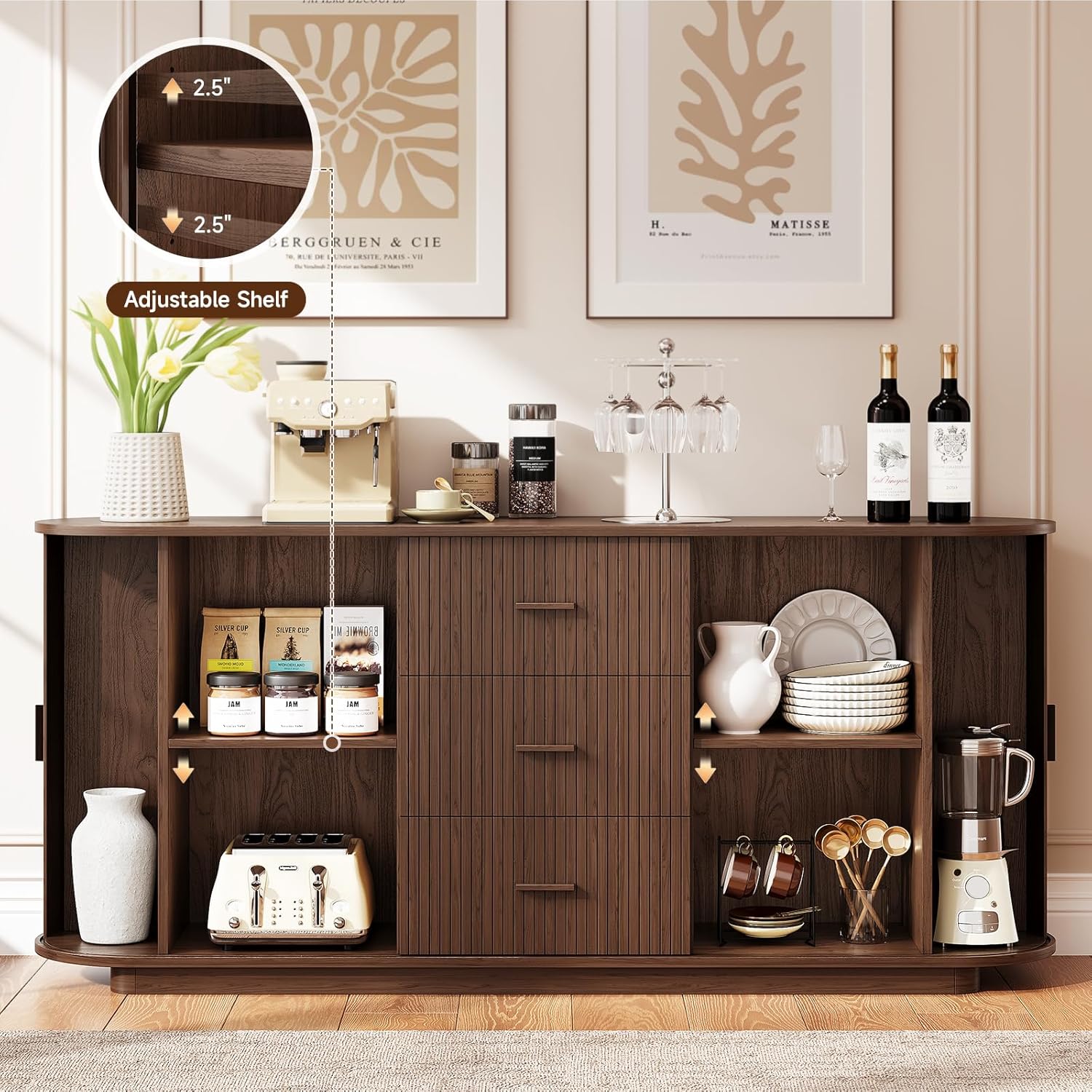 ONBRILL 63" Fluted Sideboard Buffet Cabinet with 3 Drawers & 2 Doors, Mid-Century Modern Buffet Sideboard Cabinet with Storage, Coffee Bar Table with Adjustable Shelf for Kitchen, Living Room, Walnut