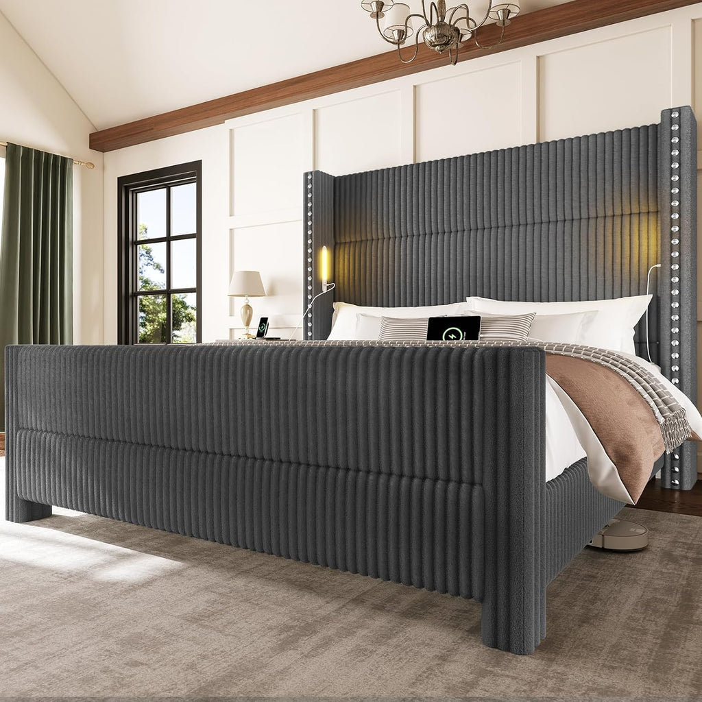 Queen Bed Frame with 56.7" Tall Headboard & Reading Lights, Corduroy Upholstered Wingback Platform Bed with Charging Station, Modern Retro Design, Noise Free, No Box Spring Required, Grey
