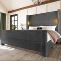 Queen Bed Frame with 56.7" Tall Headboard & Reading Lights, Corduroy Upholstered Wingback Platform Bed with Charging Station, Modern Retro Design, Noise Free, No Box Spring Required, Grey