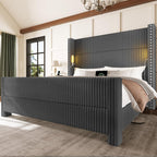 Queen Bed Frame with 56.7" Tall Headboard & Reading Lights, Corduroy Upholstered Wingback Platform Bed with Charging Station, Modern Retro Design, Noise Free, No Box Spring Required, Grey