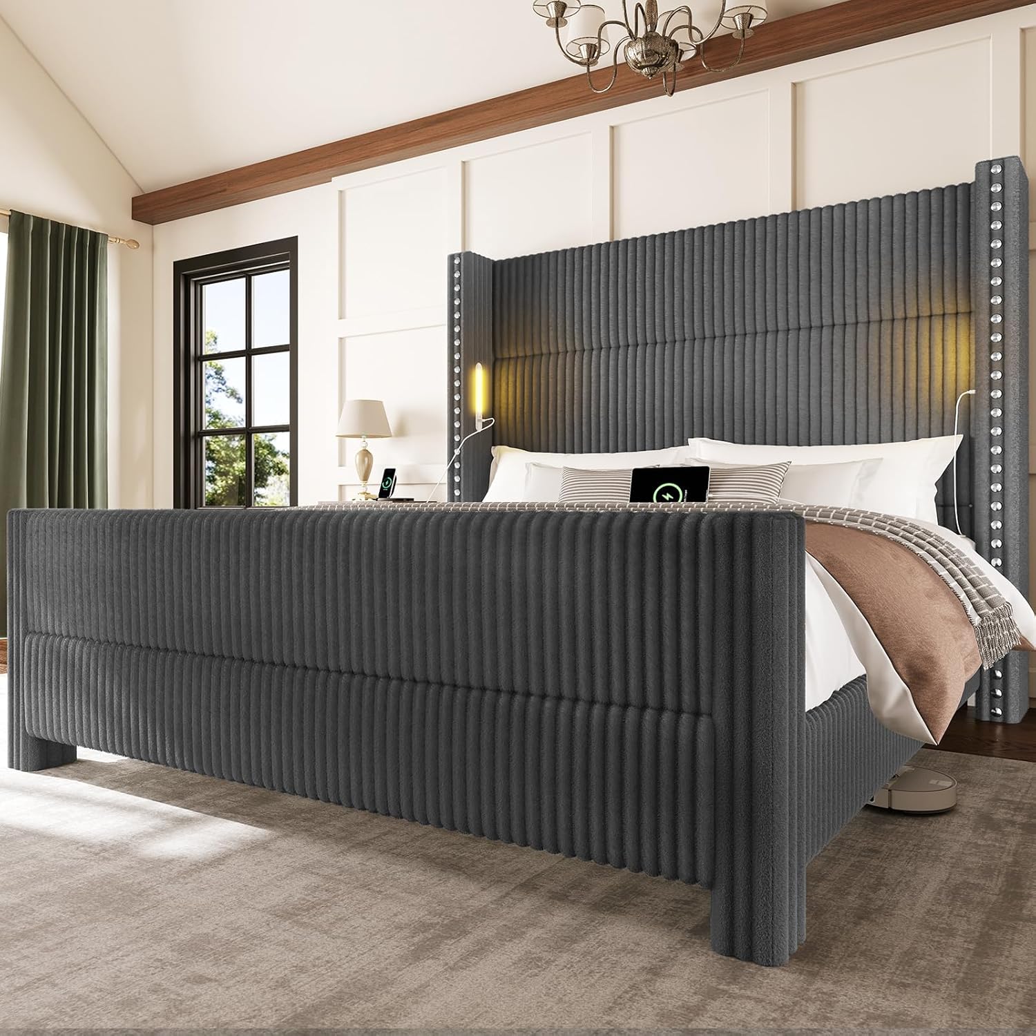 Queen Bed Frame with 56.7" Tall Headboard & Reading Lights, Corduroy Upholstered Wingback Platform Bed with Charging Station, Modern Retro Design, Noise Free, No Box Spring Required, Grey