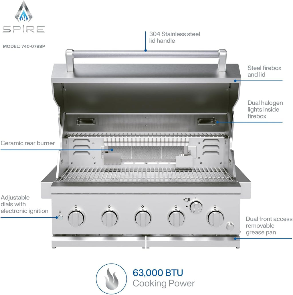 Spire Premium 5 Burner Built In Gas Grill Island Head  Stainless Steel 30 Inch Propane Grill with Rear Burner  63 000 BTUs  750 SQ In Racks  Dual Fuel Compatibility - 740-0788P