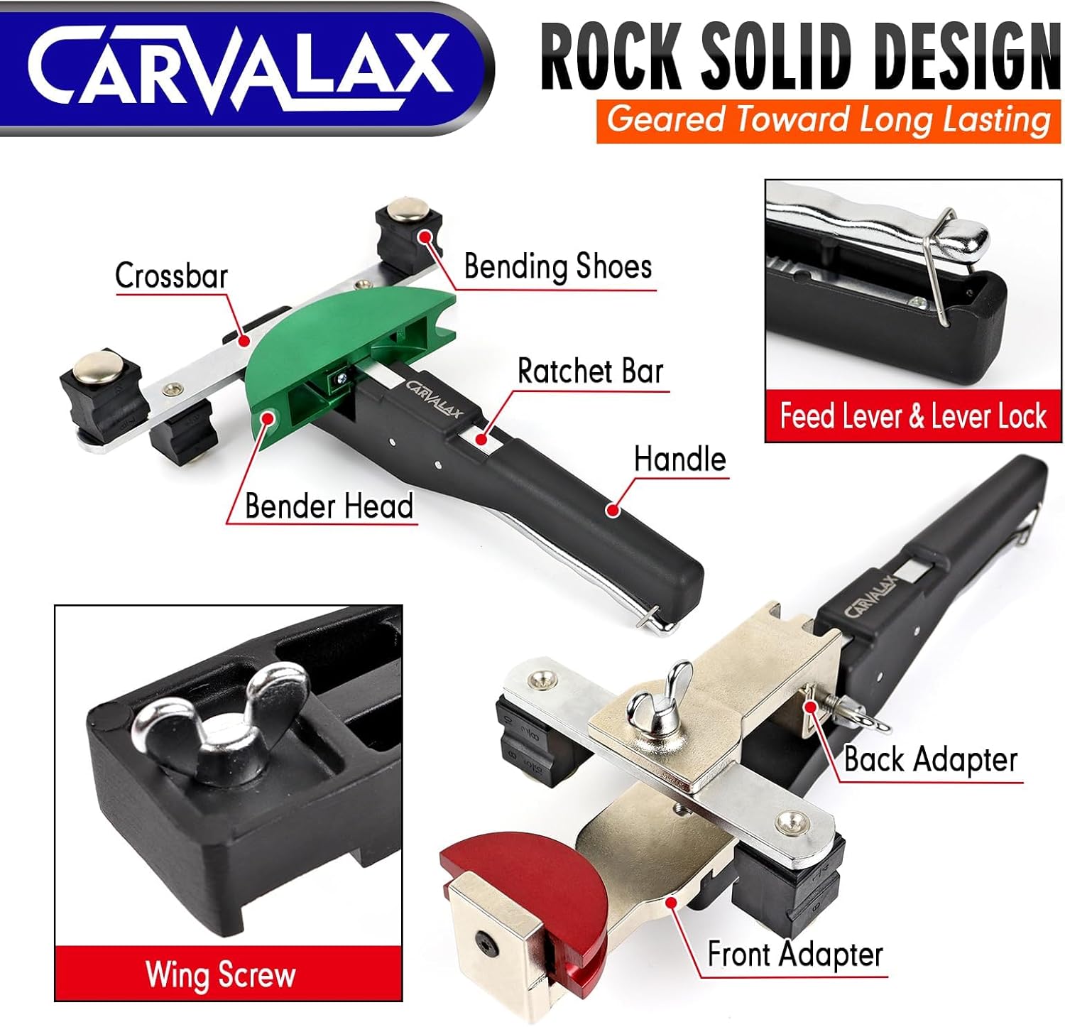 CARVALAX Pipe Tube Bender Set, for 1/4” to 7/8” O.D, 90° Ratcheting Tubing Bender Kit with Reverse Bending Adapters and 7 Multi-Color Aluminum Heads, for HVAC Air Condition Heating Repair