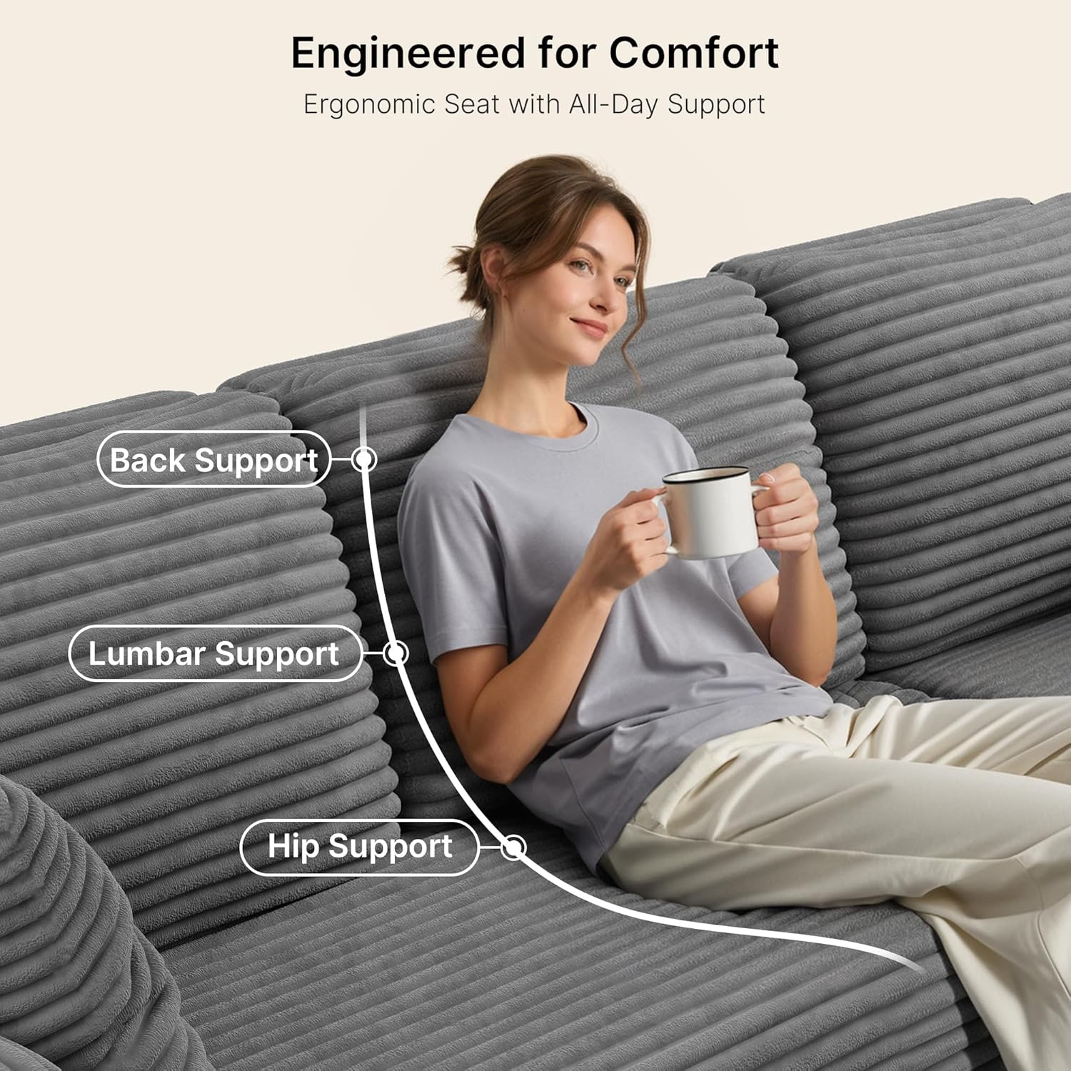 Gizoon 105" Oversized Floor Sofa Sectional, L Shaped Modular Cloud Couch with Chaise, Deep Seat Corduroy Memory Foam Boneless Couch for Living Room, No Assembly (Grey, Left Facing Chaise)