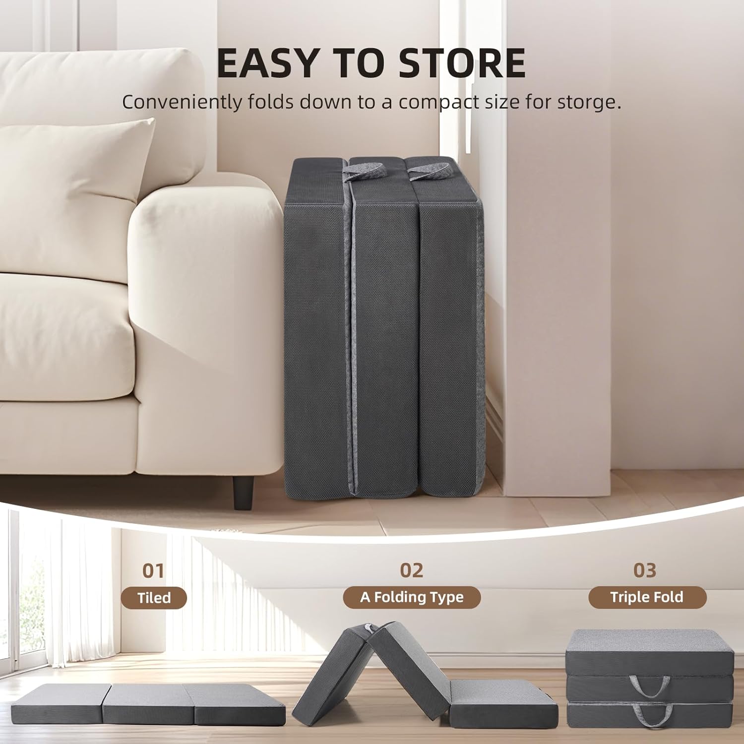 Tri Folding Mattress - Foldable Mattress for Travel/RV/Camping/Road Trip/Guest Room/Yoga, Tri-fold Memory Foam Mattress with Washable Cover, Handle & Non-Slip Bottom