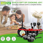 NutriChef 13-Piece Nonstick Cookware - Heat Resistant Kitchen Ware Set w/Saucepan, Frying Pans, Cooking Pots, Casserole, Lids, Ladle, Fork, Strainer - NCCWA13, Black
