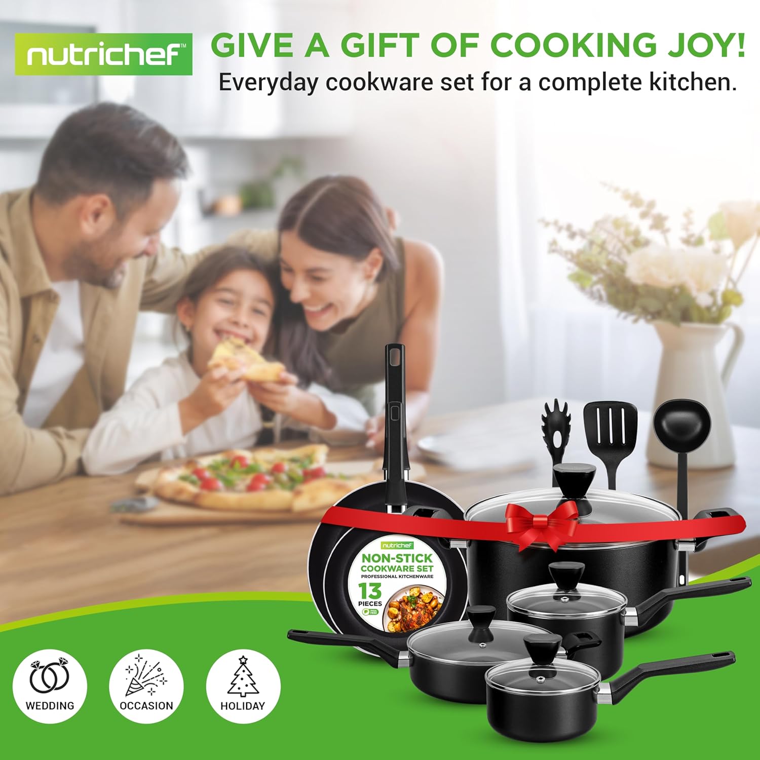 NutriChef 13-Piece Nonstick Cookware - Heat Resistant Kitchen Ware Set w/Saucepan, Frying Pans, Cooking Pots, Casserole, Lids, Ladle, Fork, Strainer - NCCWA13, Black