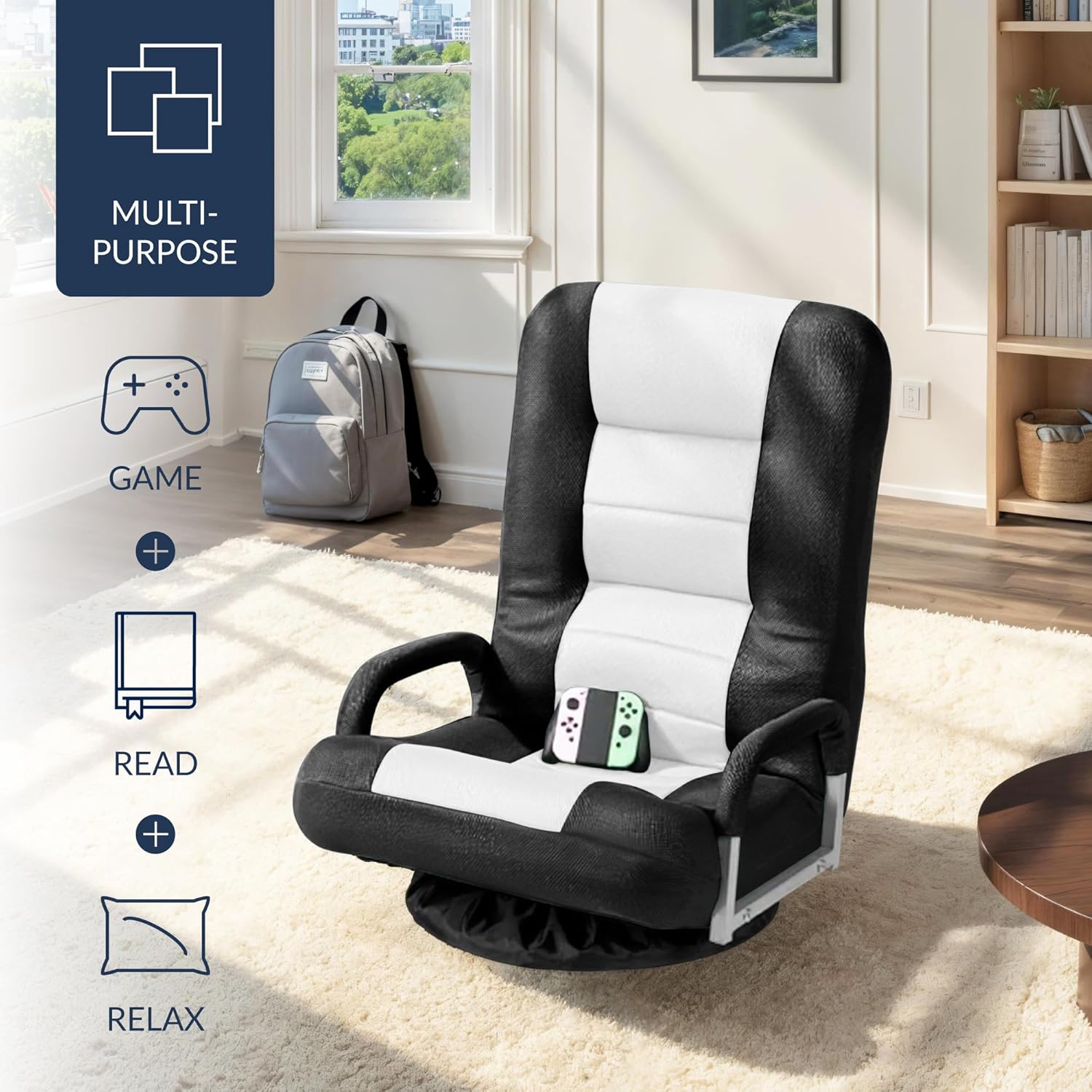 Best Choice Products Swivel Gaming Chair 360 Degree Multipurpose Floor Chair Rocker for TV, Reading, Playing Video Games w/Lumbar Support, Armrest Handles, Adjustable Foldable Backrest - Black/White