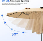 HOMSHADE 15FT Motorized Electric Large Patio Umbrella with Base and Solar Lights Outdoor, Double-Sided Rectangle Umbrella with Remote Control, 30° Auto-Open for Pool Deck Table Market Backyard, Beige