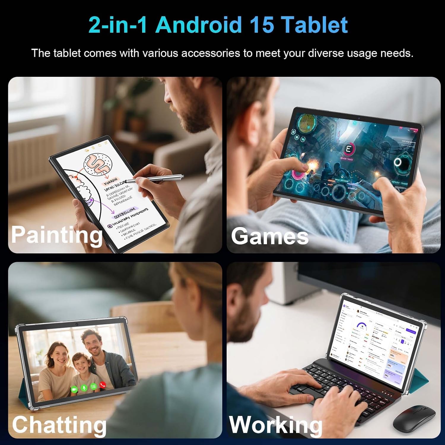 Android Tablet with Keyboard, 2026 Android 15 Tablet 10 inch, 26GB+256GB+2TB Expand, Electronic Tablet PC with Gemini, 8-Core, 8000mAh, 5G WiFi, GMS, 2 in 1 Tablet with Case/Mouse/Stylus(Silver Case)