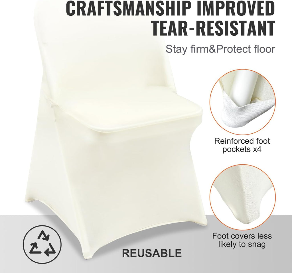 VEVOR Stretch Spandex Folding Chair Covers, Universal Fitted Chair Cover, Removable Washable Protective Slipcovers, for Wedding, Holiday, Banquet, Party, Celebration, Dining (30PCS Ivory White)