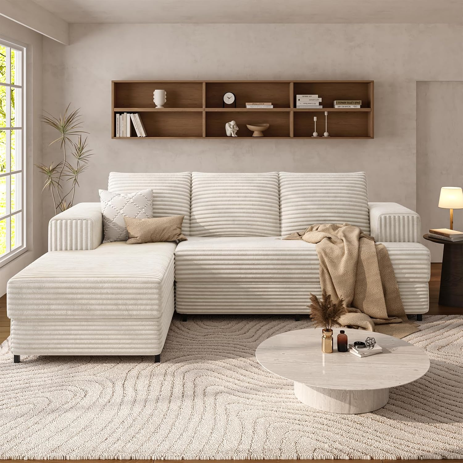106" Cloud Modular Sectional Sofa with Chaise Lounge, No Assembly L Shaped Couch with Iron Frame, Modern Fluffy Corduroy Couches for Living Room, Bedroom, Office, Left Facing Chaise, White