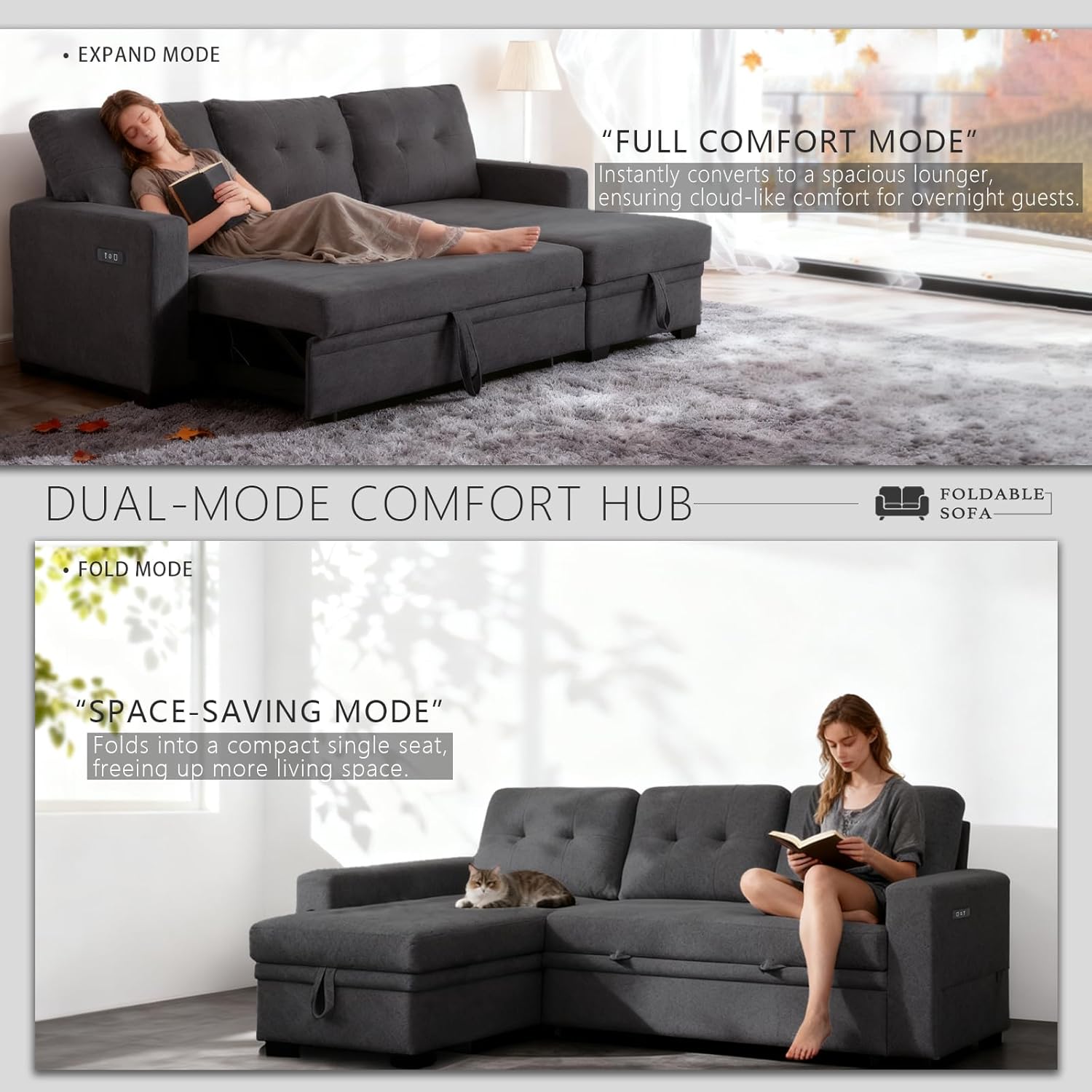 Dreamzie L Shaped Sectional Sleeper Sofa with Storage Chaise, 3 Seater Pull Out Couch for Living Room, Convertible Sofa Bed Couch with Charging Ports for Apartment, Office - Dark Grey | Linen