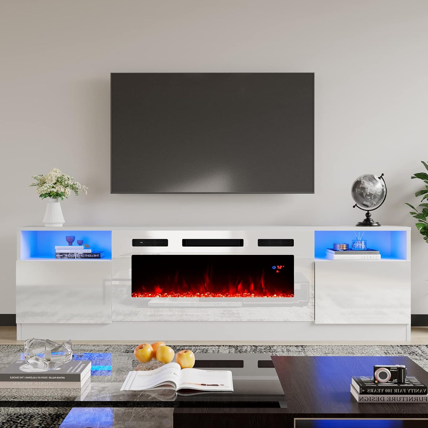 AMERLIFE TV Stand with Fireplace, LED Light Entertainment Center with 36" Electric Fireplace, 70" Modern Wood Entertainment Stand with Highlight Storage Cabinet for TVs up to 80", White