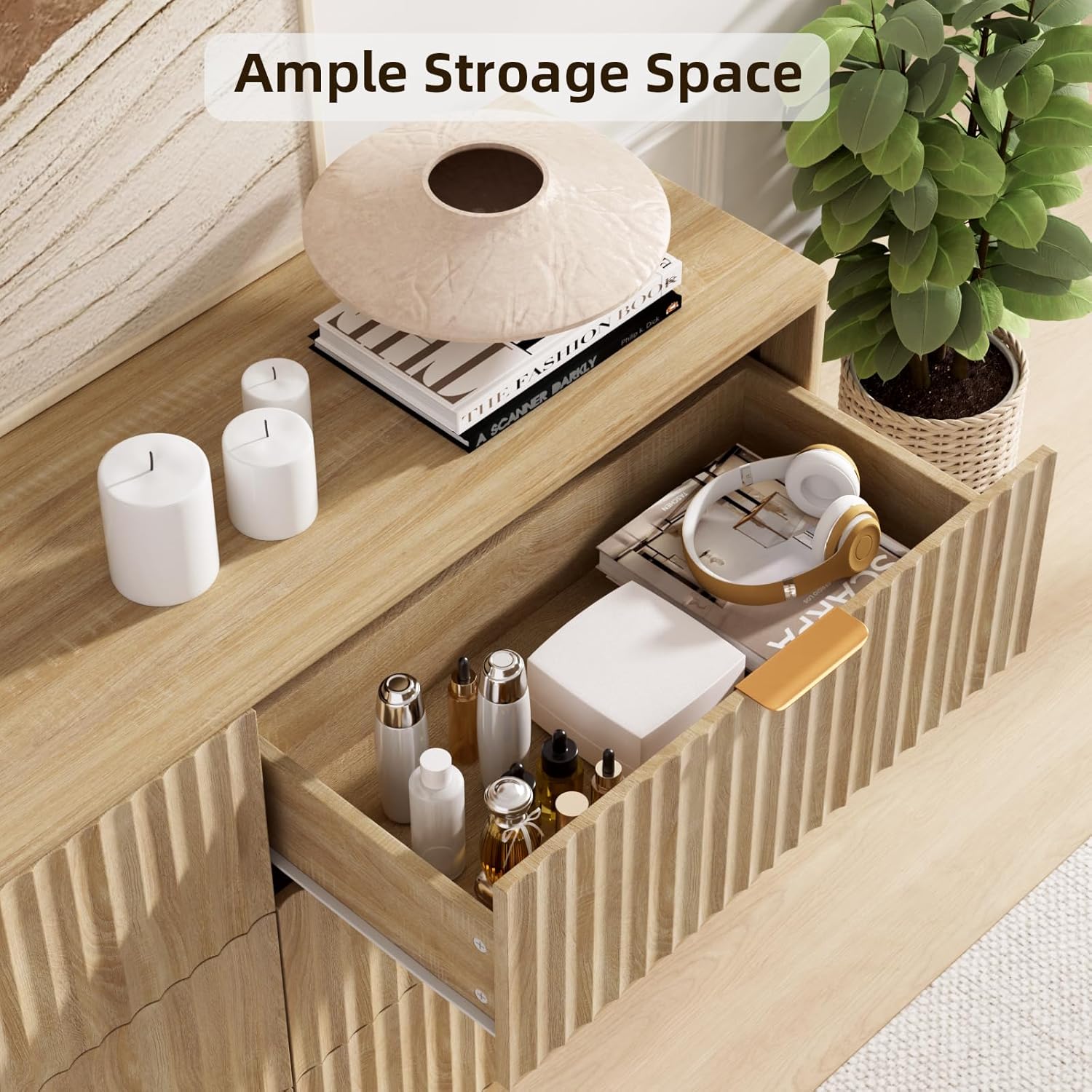 VOWNER Fluted 6 Drawers Dresser for Bedroom, 54" Wide Modern Chest of Drawers with Metal Handle, Closet Clothes Storage Organizer, Wood Dresser TV Stand for Living Room, Closet, Hallway, Entryway