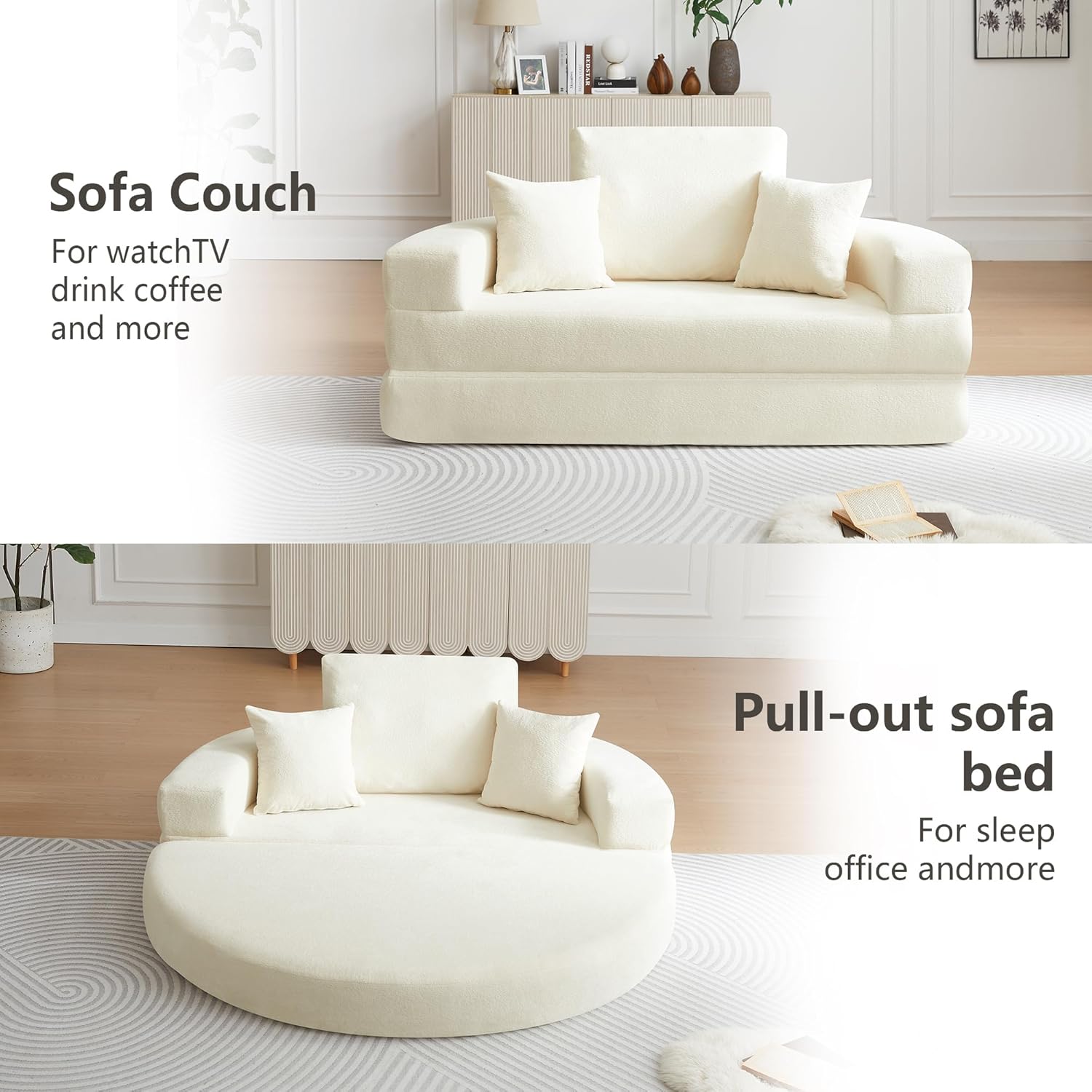 71" Boneless Couch Sofa Bed Oversized Round Couch 2-in-1 Foldable Floor Loveseat Sofa for Living Room and Apartment No Assembly (Beige, 71")