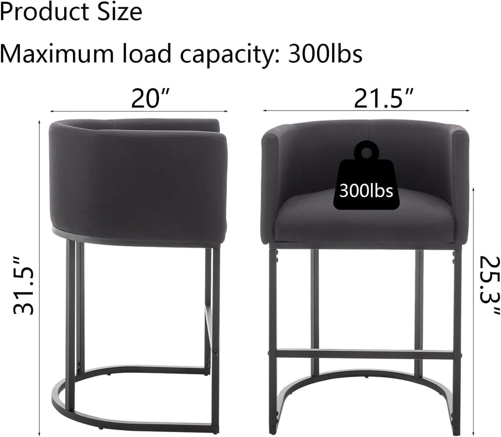 Counter Height Bar Stools Set of 3, Modern Bar Stool with Back, Barrel Bar Chairs with Metal Frames, Upholstered Barstools for Kitchen Island, Pub, Club (Black)