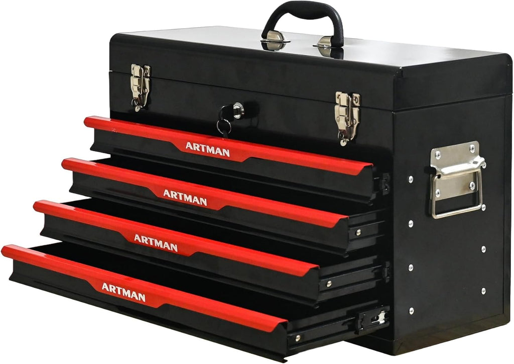 4 Drawers Tool Box, 21" Portable Steel Tool Chest with Top Tool Tray,Key Lock & Latch Closure,Liners,Handle,Ball Bearing Sides, Portable Tool Storage Organizer for Garage Workshop (Black)