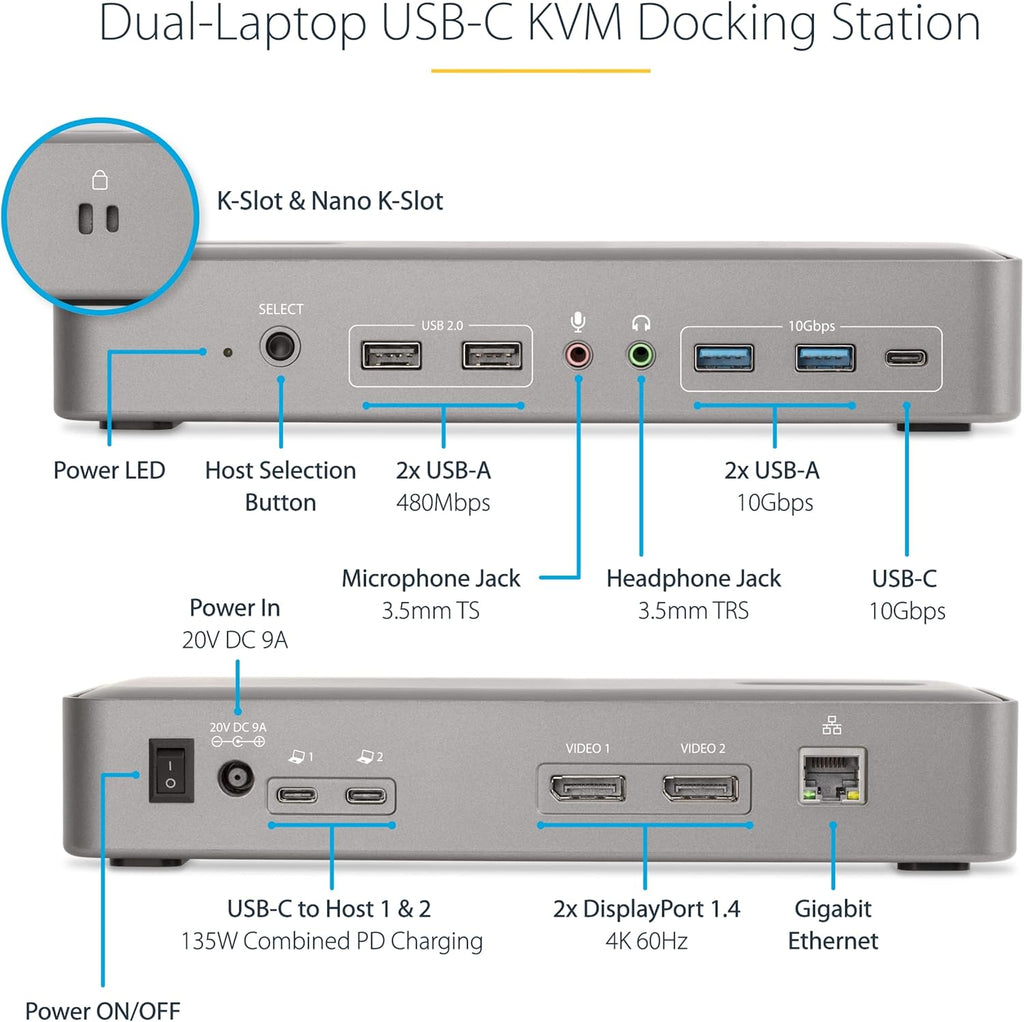 StarTech.com Dual-Laptop USB-C KVM Docking Station, Dual Monitor 4K 60Hz DisplayPort Dock, 5-Port USB Hub, GbE, 90W/45W Power Delivery to Two Laptops, Windows/Mac, 2-Host KVM Dock, TAA