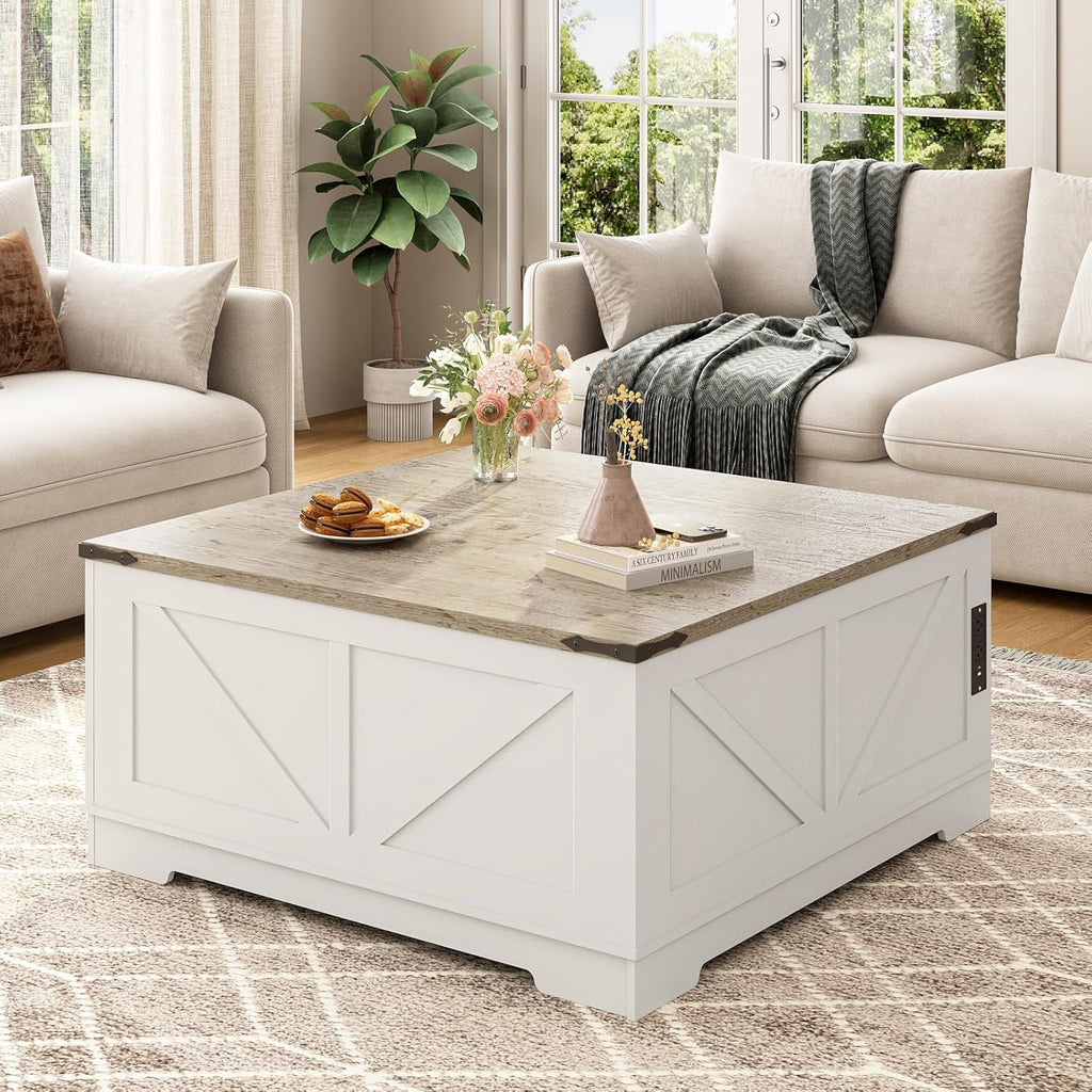 EAG 40" Large Farmhouse Lift Top Coffee Table with Hidden Compartment & Power Outlets, Square Wooden Coffee Table with Multi-Function Flip-Top Ample Storage Center Table for Living Room, White
