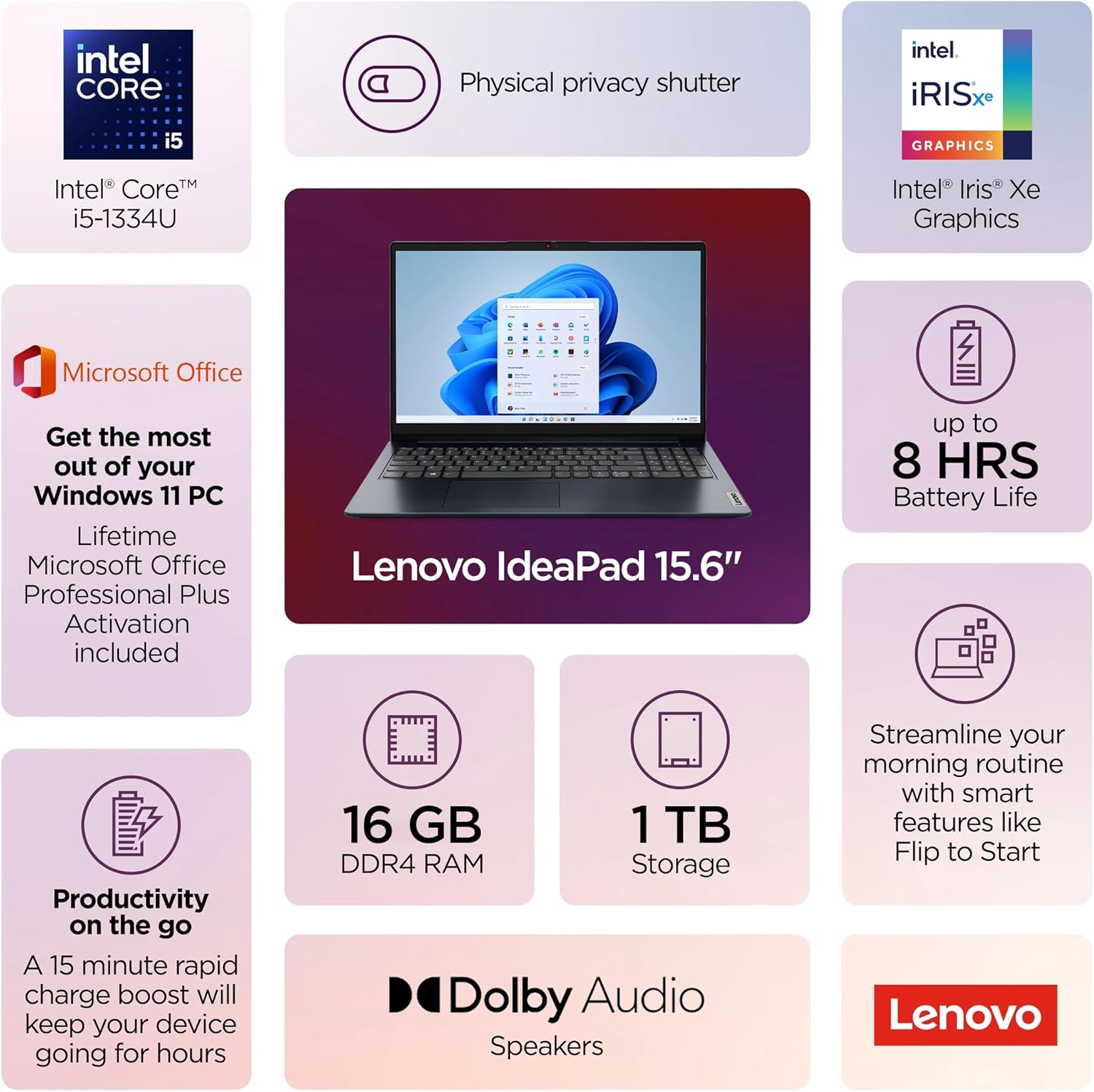 Lenovo IdeaPad Business Laptop  15.6" FHD Touchscreen  Powerful 10-Core Intel i5-1334U  AI Copilot Computer  16GB RAM  1TB Storage (512GB SSD+500GB Ext)  HubxcelAccessory  Win 11 Pro  Lifetime Office