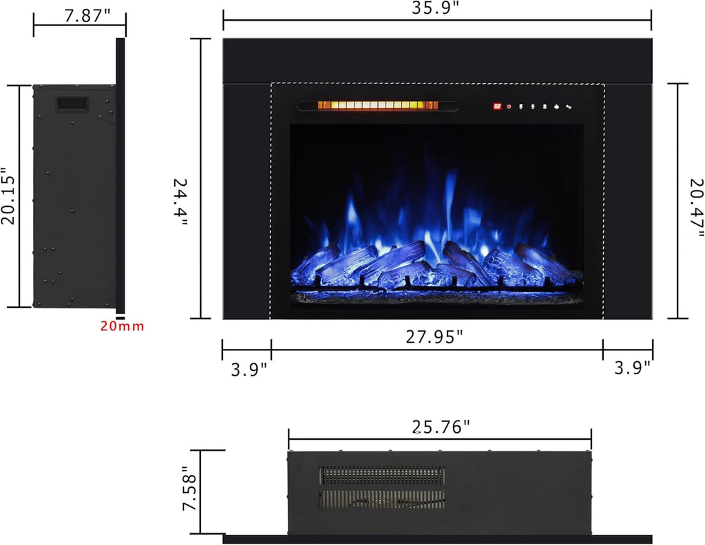 28 Inches Electric Fireplace Insert with Trim Kit, Wall Mounted & Recessed Electric Fireplace Inserts with 8 Flame Colors, Remote Control, 6 Levels Brightness, 9H Timer, Black, 1500W/750W