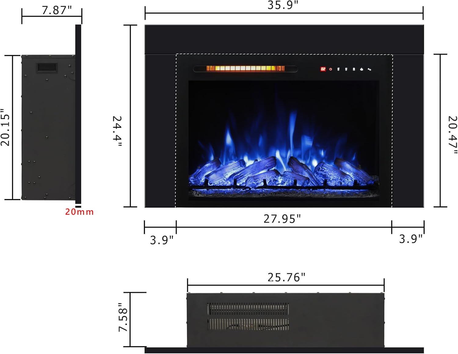 28 Inches Electric Fireplace Insert with Trim Kit, Wall Mounted & Recessed Electric Fireplace Inserts with 8 Flame Colors, Remote Control, 6 Levels Brightness, 9H Timer, Black, 1500W/750W