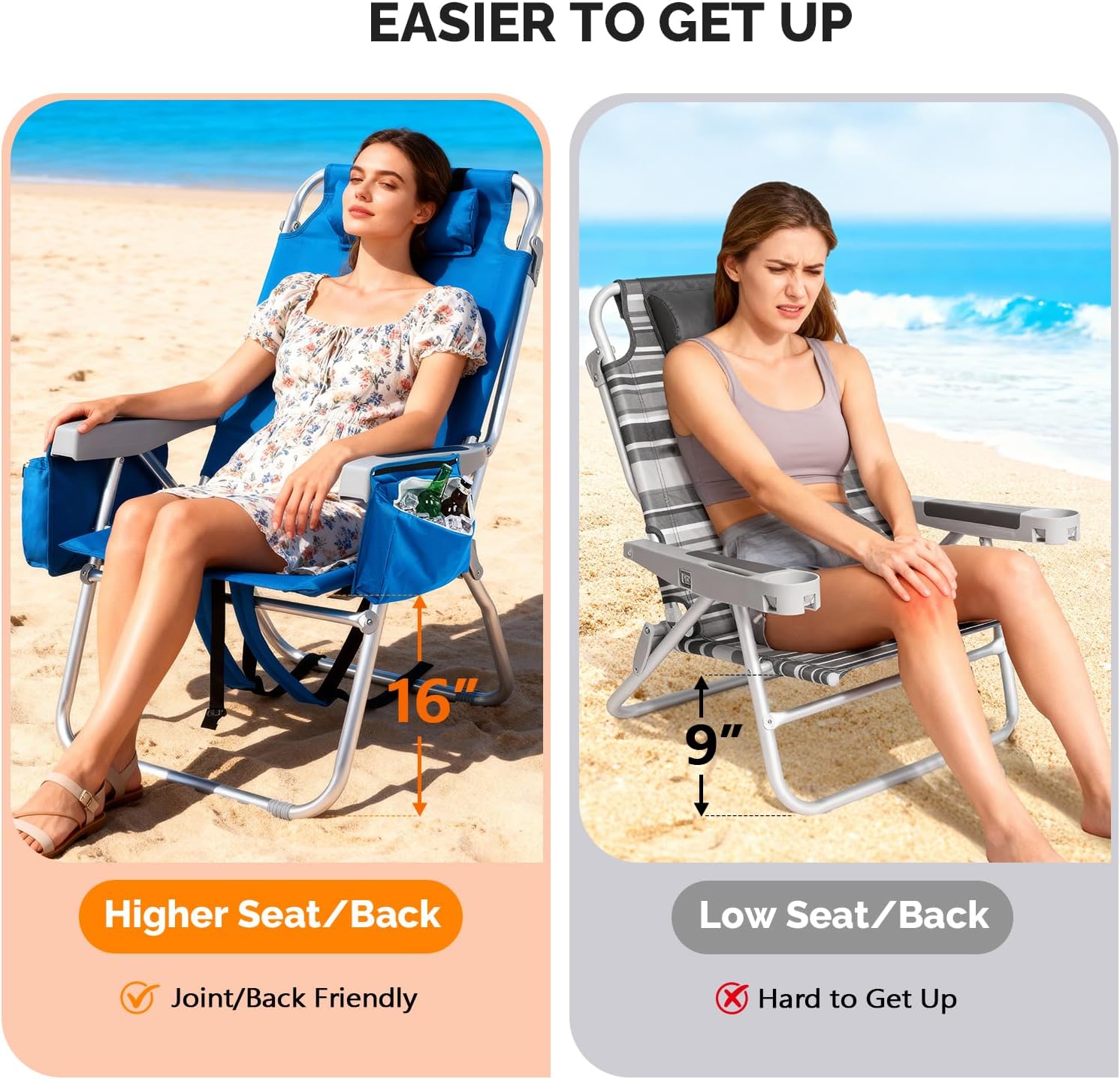 VINGLI Tall Beach Chair 1 Pack Lightweight, Backpack Beach Chair for Adults with 5-Position, Cooler Bag, Cup Holders, Towel Bar, Lightweight Folding Beach Camping Chairs Blue