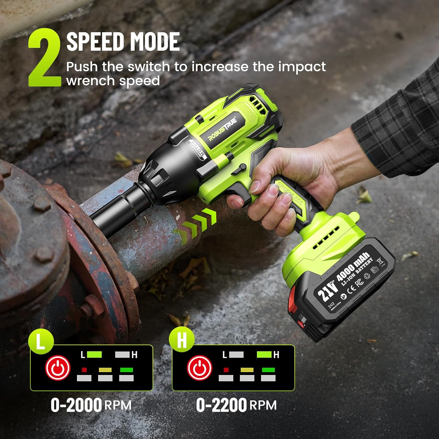 Robustrue Cordless Impact Wrench, 885Ft-lbs (1200N.m) 1/2" Brushless Impact Gun, 21V High Torque Power Impact Driver, 2x4.0Ah Batteries Electric Impact Motor Variable Speeds for Car/Truck RV/Mower