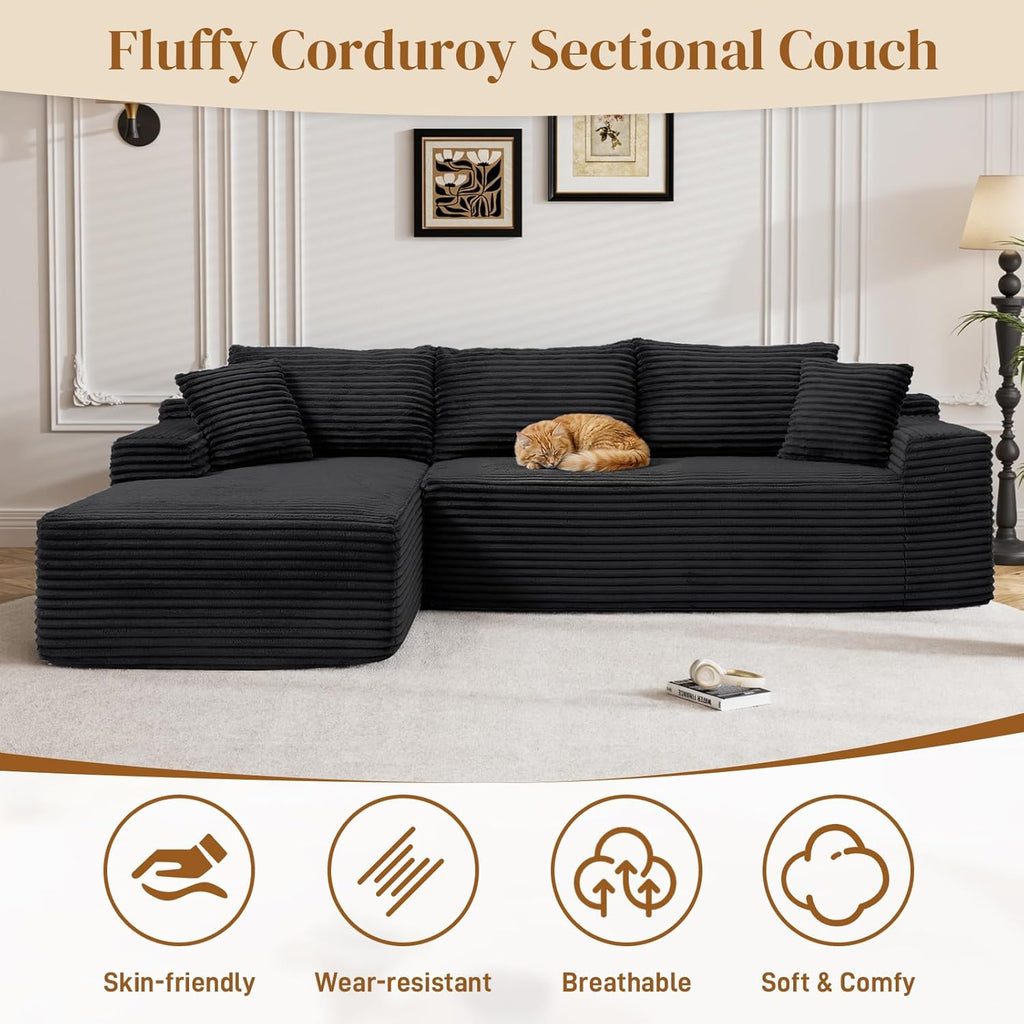 95" Boneless Cloud Sectional Couches for Living Room, Comfy Fluffy L Shaped Memory Foam Deep Seat Boneless Couch, Modular Sectional Sofa with Left Facing Chaise, Black