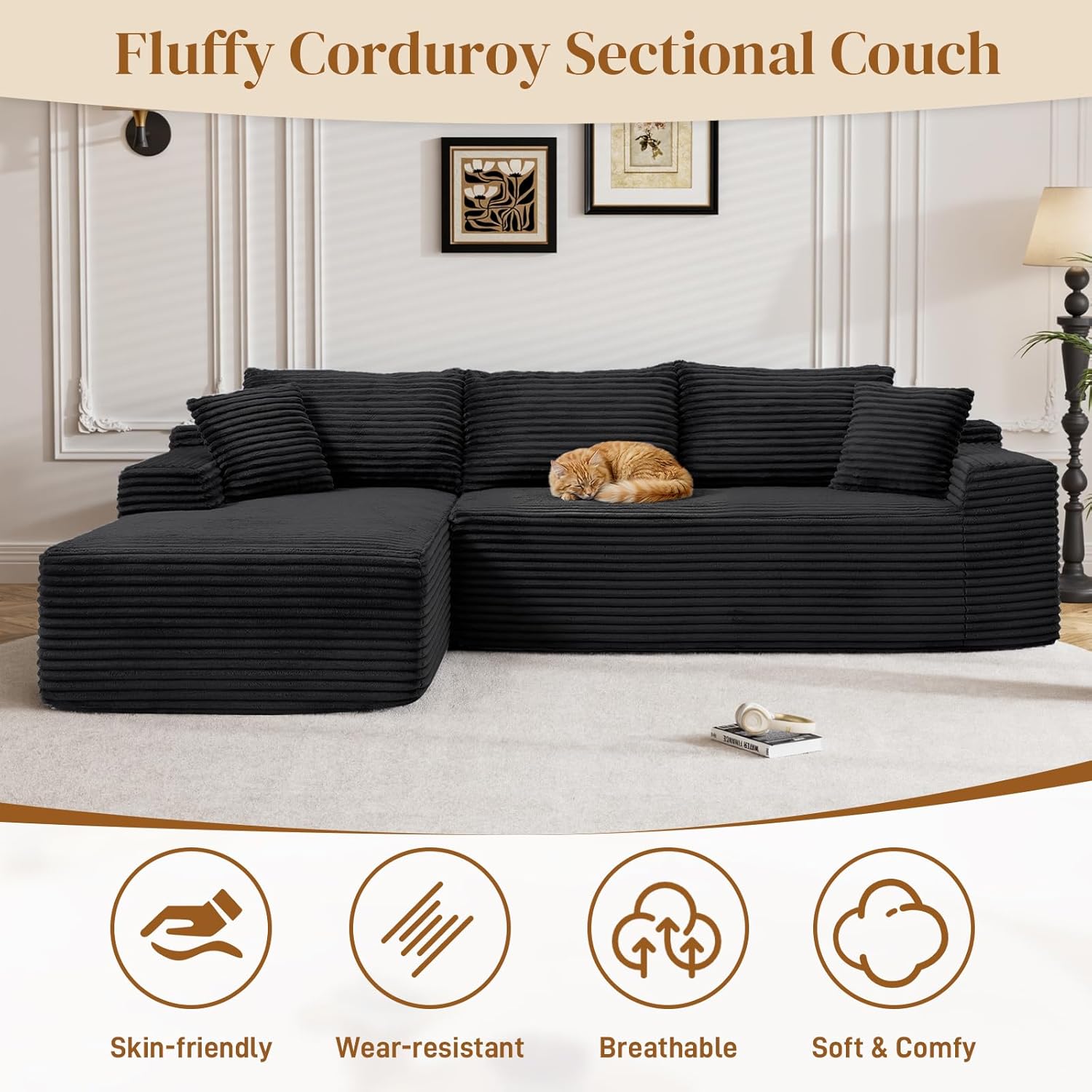 95" Boneless Cloud Sectional Couches for Living Room, Comfy Fluffy L Shaped Memory Foam Deep Seat Boneless Couch, Modular Sectional Sofa with Left Facing Chaise, Black