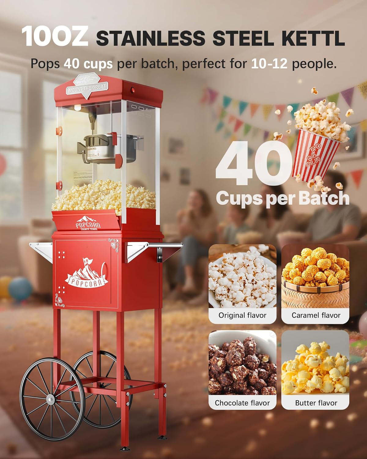 10 oz Popcorn Machine Cart, Popcorn Maker Machine with Wheel & Stainless-Steel Kettle Makes Up to 40 Cups, Vintage Movie Theater Style Pop Corn Machine, Red