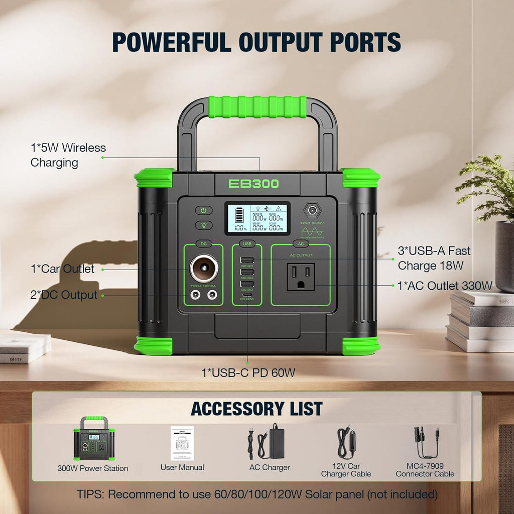 Portable Power Station 330W  288.6Wh Solar Generator with 60W USB-C PD Output  110V Pure Sine Wave AC Outlet  5W Wireless Charging  330W Backup Lithium Battery for Outdoor Camping Travel Hunting Home