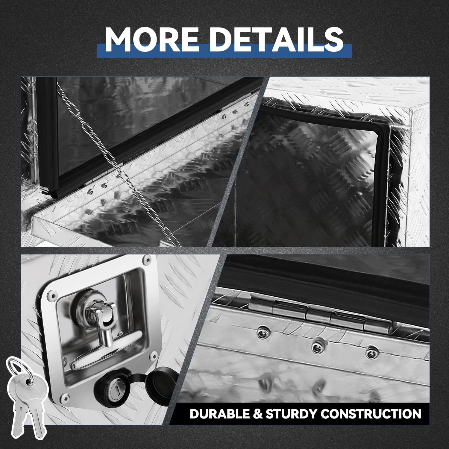Underbody Truck Box, 24'' D x 17.7"W x 18.1"H Pickup Storage Box, Heavy Duty Aluminum Diamond Plate Tool Box with Lock and Keys, Waterproof Trailer Storage Box with T-Handle Latch - Silver