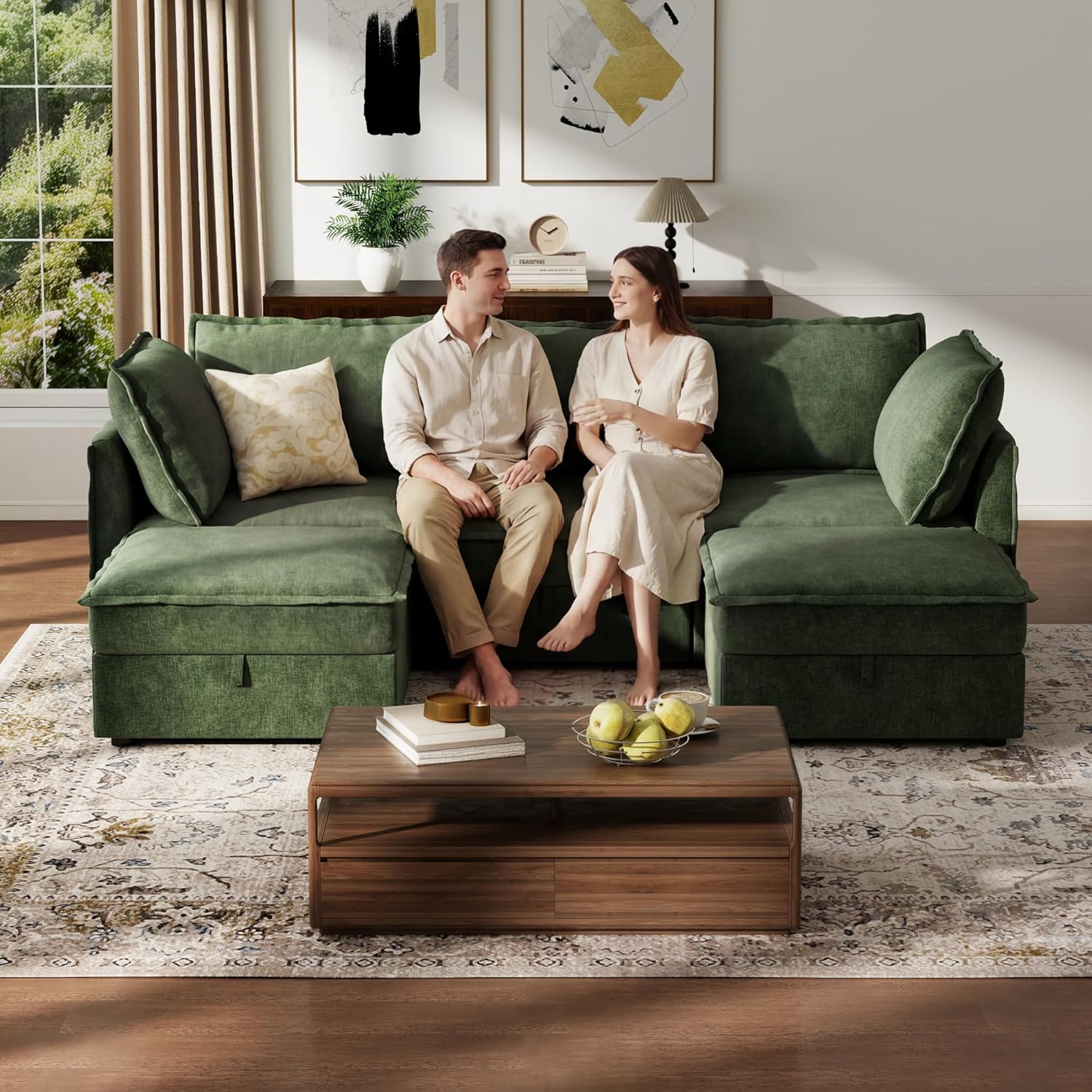 Ihanherry 97.2” Modular Sectional Sofa with Storage, U Shaped Modern Sofa for Living Room, 4-Seat Chenille Fabric Comfy Deep Seat Sofa with Movable Ottoman for Bedroom and Apartment, Green