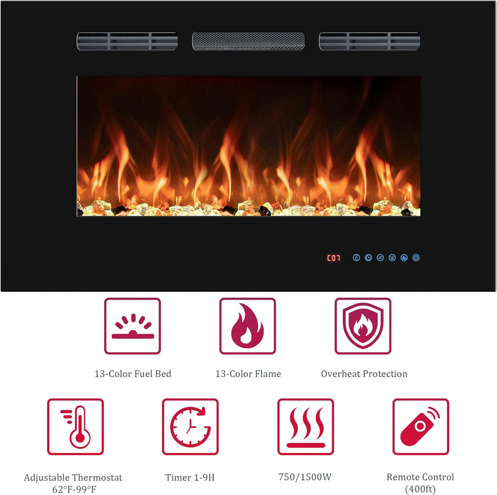 36" Electric Fireplaces Inserts, Recessed & Wall-Mounted Fireplace Heater with Thermostat, Multicolor Flames,Timer, Log & Crystal, 750/1500W
