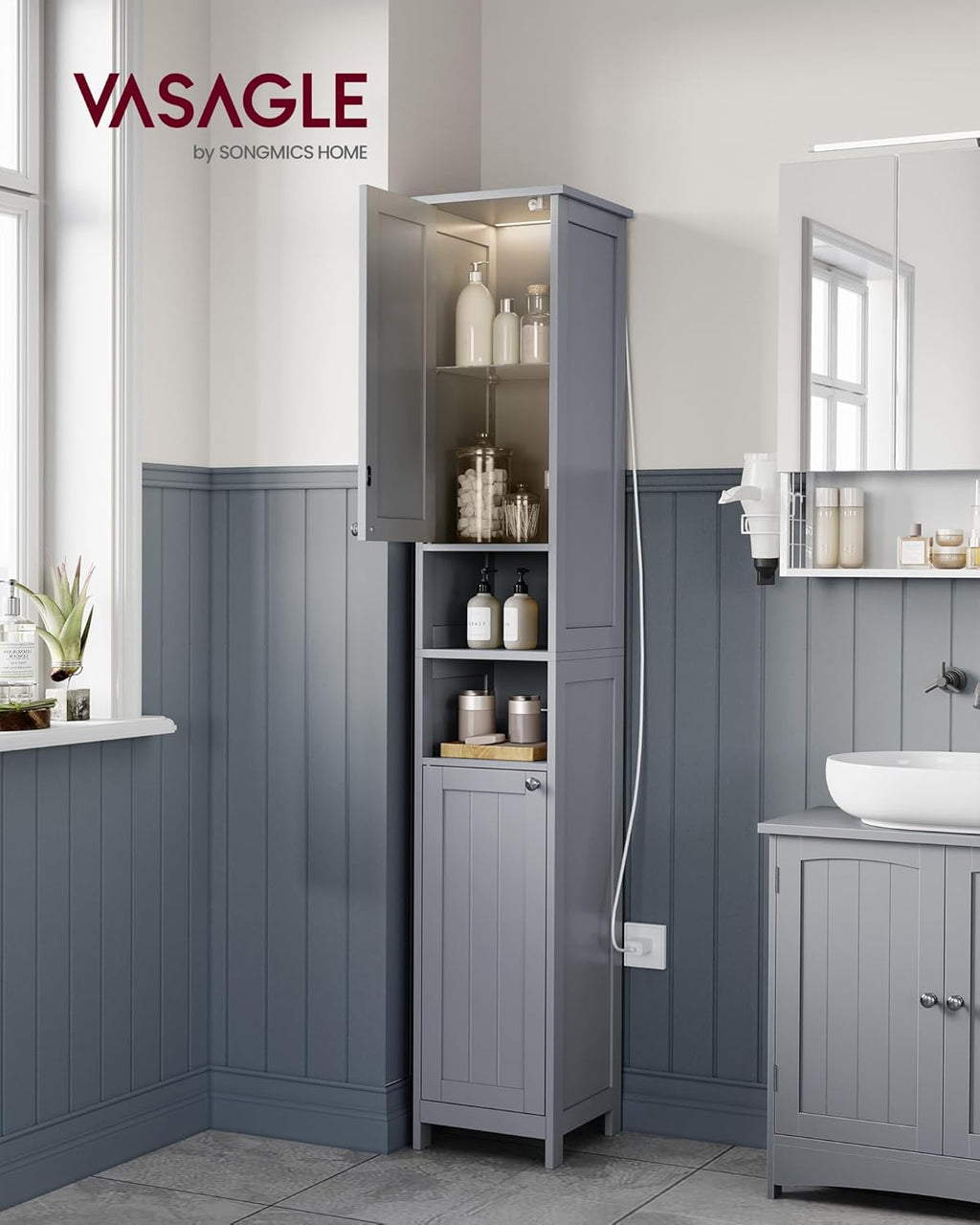 VASAGLE Tall Storage Cabinet with Lights, Slim Freestanding Cabinet with Adjustable Shelves, for Small Spaces, Bathroom, Living Room, Modern, 11.8 Inches Wide, Dove Gray UBBC566G02