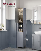VASAGLE Tall Storage Cabinet with Lights, Slim Freestanding Cabinet with Adjustable Shelves, for Small Spaces, Bathroom, Living Room, Modern, 11.8 Inches Wide, Dove Gray UBBC566G02