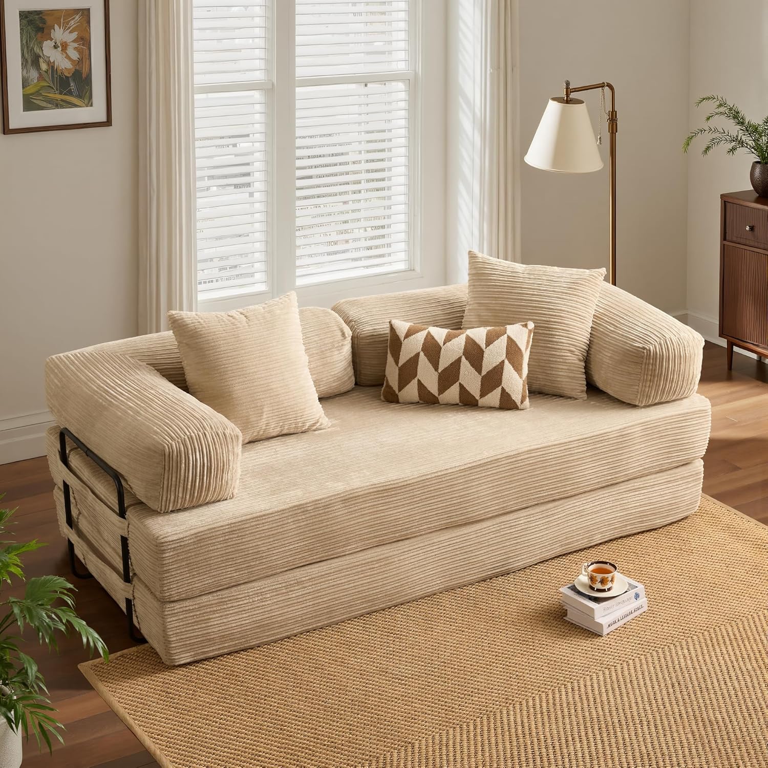 ovios 81" Folding Sofa Bed, Foldable Sleeper Boneless Couch with Pull Out Beds, Modular Convertible Floor Futon Loveseat Lounger for Living Room (Corduroy, Beige)