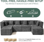 Modular Sectional Cloud Couch for Living Room - 130'' 6 Seater Convertible Chenille Couches Set with Ottoman, No Assembly Compression Sofas, Comfy Floor Sofa with Memory Foam, Dark Grey