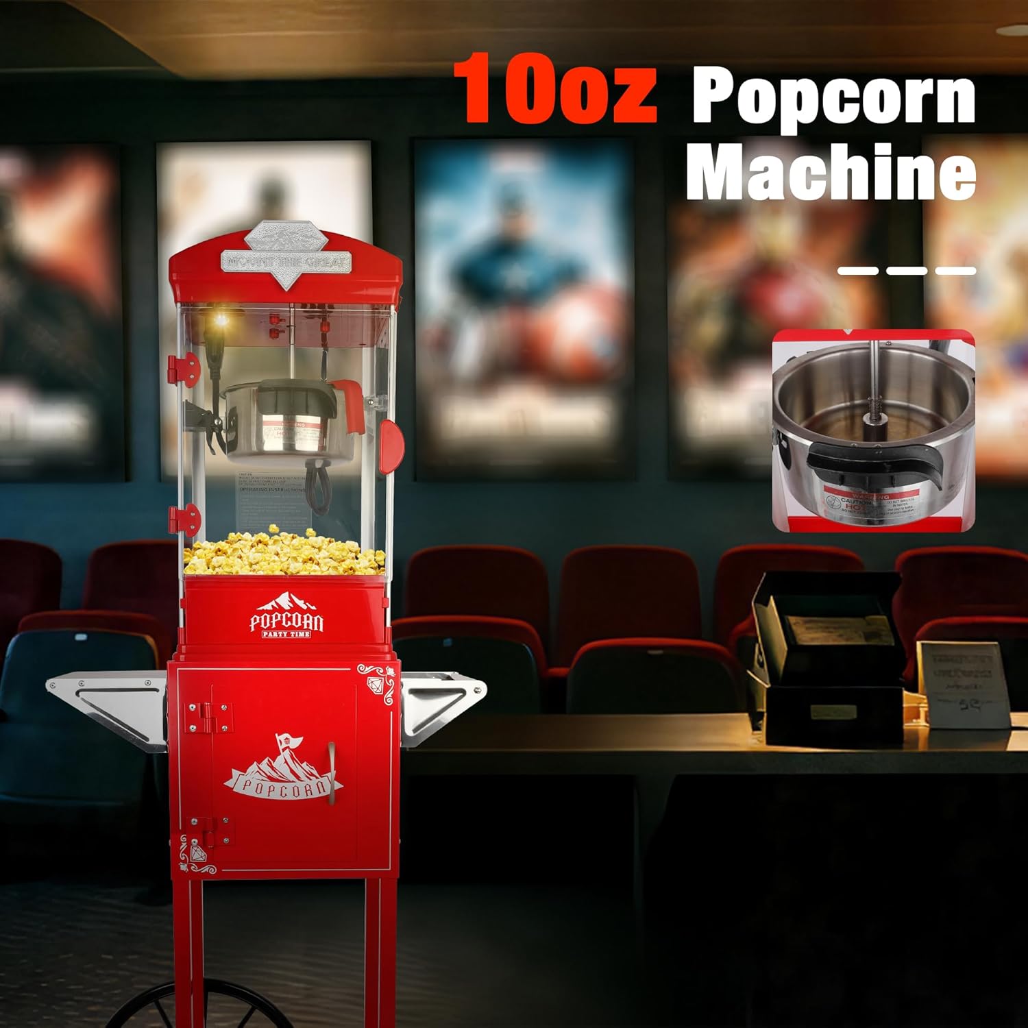 Vintage Popcorn Machine with Cart & Wheels, 10 Oz Stainless Steel Kettle Popcorn Maker, Movie Theater Style Popcorn Popper Makes Up to 40 Cups, Includes Measuring Spoons, Home Theater & Commercial Use