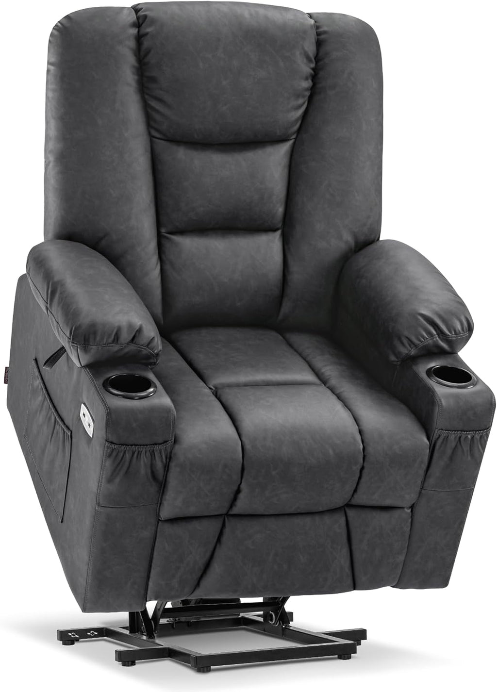 MCombo Power Lift Recliner Chair for Elderly, Lift Chair with Heat and Massage, USB Ports, Cup Holders, Faux Leather 7519 (Medium, Dark Grey)
