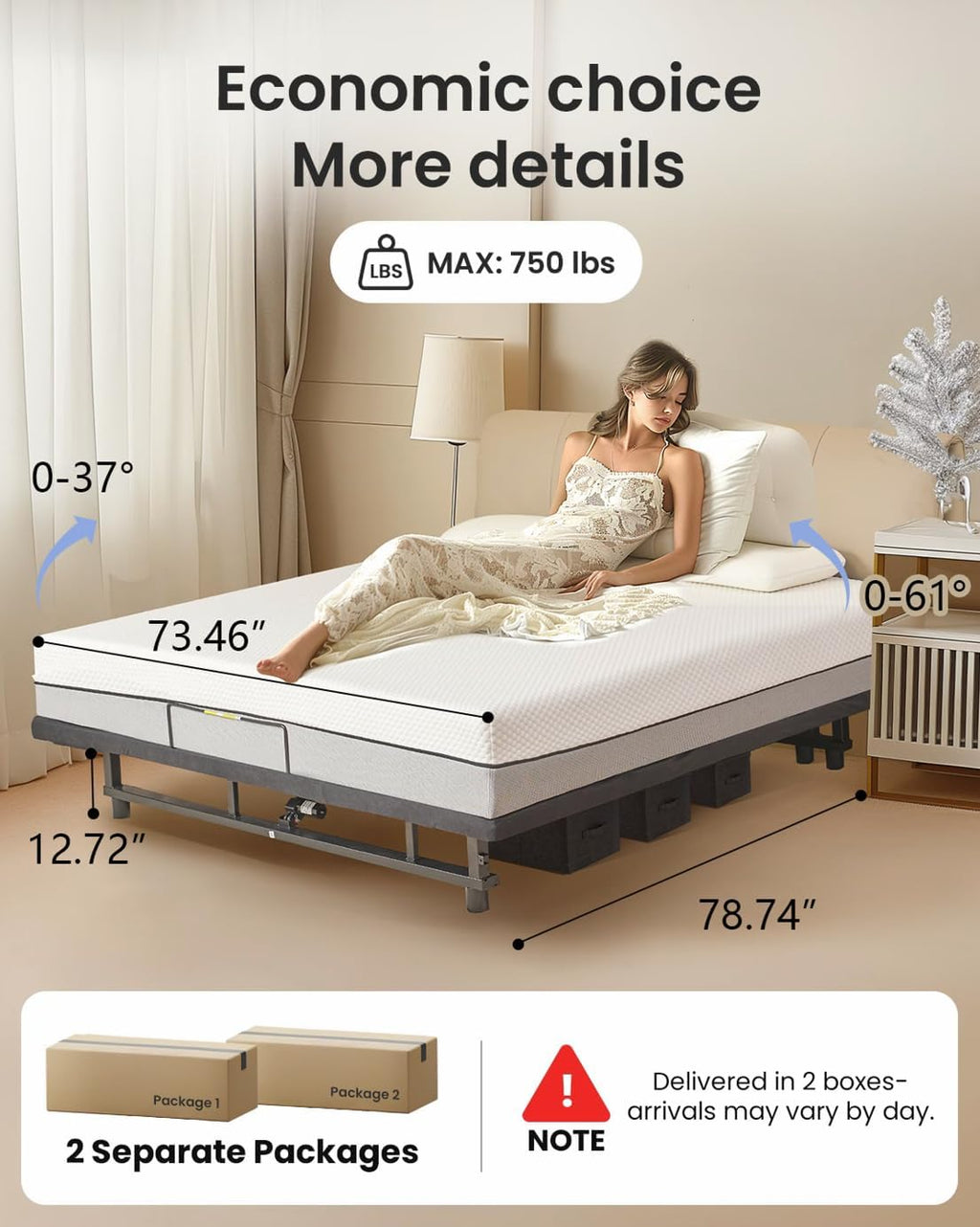 King Size Adjustable Bed Frame with Quiet Motor - Head & Foot Incline, Zero Gravity, Wireless Remote Control, Easy Installation (79" L x 74" W x 12.72" H)