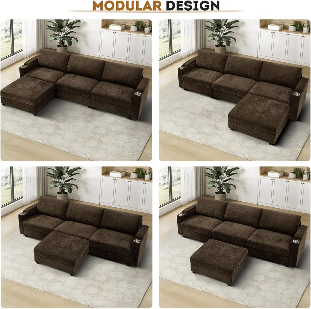 108'' Chenille Sectional Couch with Storage Armrests,L Shaped Upholstered Sofa with Movable Ottoman, 4-Seat Modular Couch with Cup Holders for Living Room, Brown